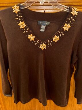 Pointelle Women's Brown V-Neck Sweater with Beaded Trim